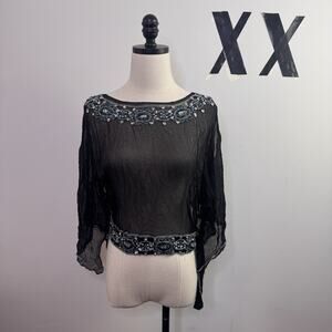 Vintage 90s Black Sheer Silk Beaded Sequin Open Sleeve Fairy Top Romantic 10